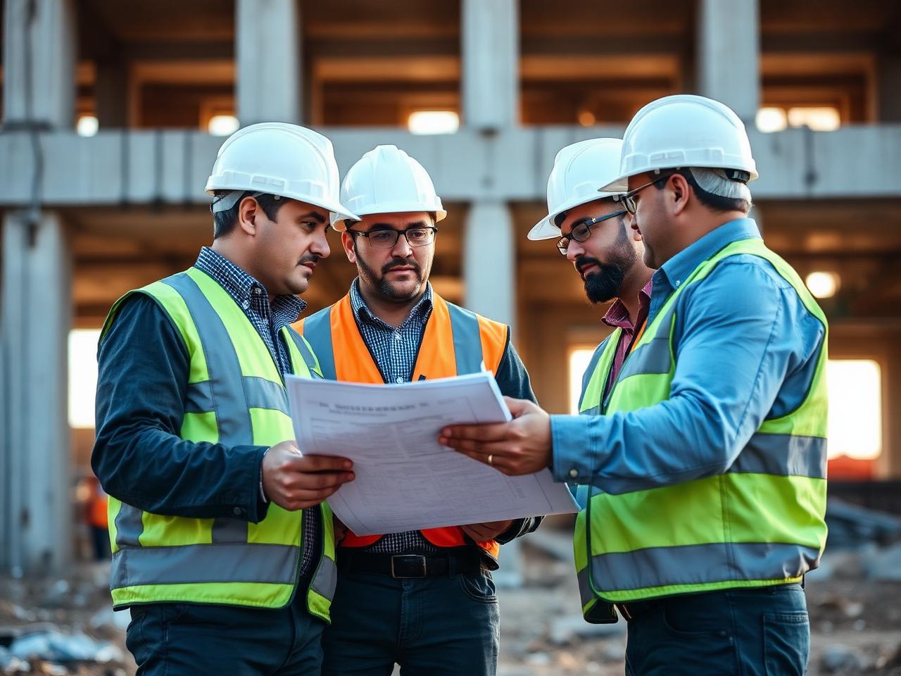 Equipe de engenharia da Pauri analisando plantas no canteiro de obras